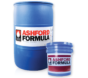 Ashford Formula blue 55-gallon drum and blue 5-gallon pail.