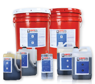 CreteFill Spall Repair red 5-gallon pails (side A and side B), 1-gallon jugs of side A and side B, 22 oz cartridge and 2-gallon side A and B jugs.